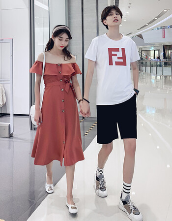 墨麒麟2019新款情侣套装女一字肩连衣裙男棉t恤白色短裤 女裙 女s