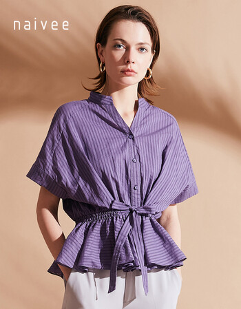 商场同款纳薇2019夏季新款蝙蝠袖收腰隐条纹紫色衬衫气质小上衣 黛紫