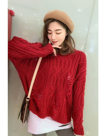 圣诞毛衣女复古红冬加厚短款套头麻花粗毛线破洞韩版宽松针织百搭