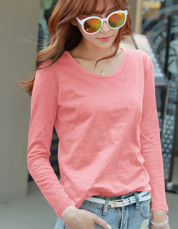 【新上年货】打底衫女秋2018新款长袖t恤女纯棉粉色竹节棉宽松纯色