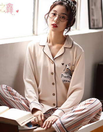 夏尔维纳开衫甜美可爱女装睡衣春秋季长袖薄款宽松家居服套装季秋