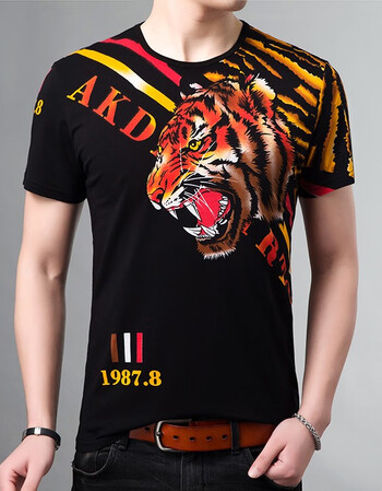 淘麦唯品短袖t恤男装打底衫圆领中国风印花大红虎上衣半袖t恤 5888大