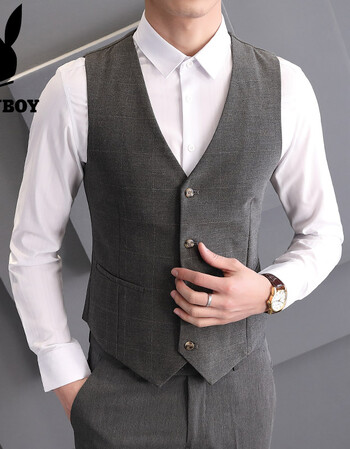 花花公子(playboy)西装马甲男薄款英伦男士格子暗纹西服背心职业装