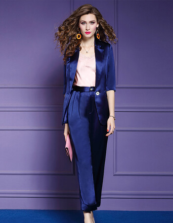 伊醋酸缎面西装套装女2019夏装气质时尚休闲ol职业西服两件套 深蓝色