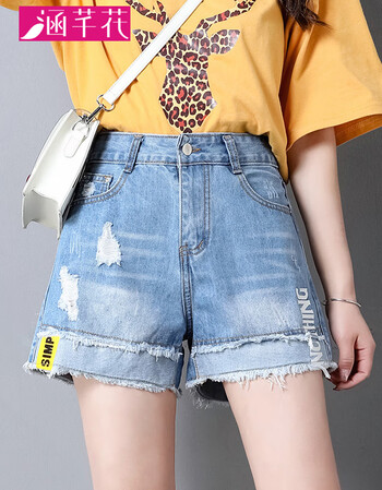 涵芊花牛仔短裤女夏装新款高腰韩版宽松破洞显瘦阔腿a字热裤子 浅蓝色