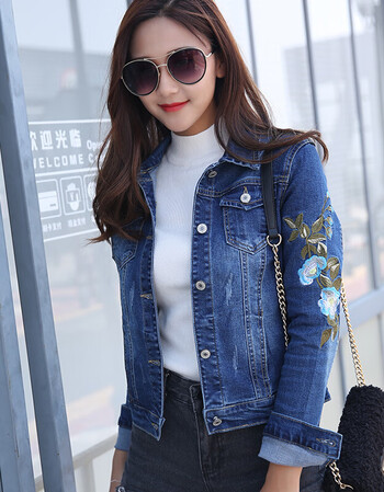 17韩版潮显瘦学生长袖牛仔服上衣弹力刺绣春秋牛仔外套女短款修身