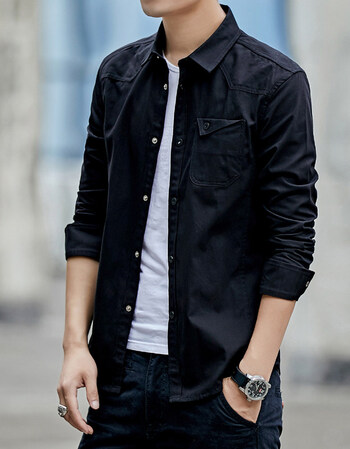 新款衬衫男士长袖衬衣韩版潮流休闲宽松外套男生上衣服 17307 黑色