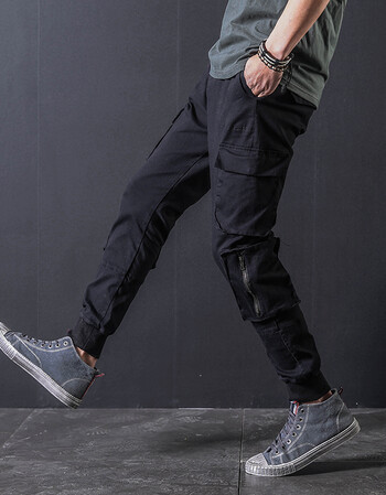 秋季潮牌哈伦裤多口袋嘻哈工装裤男宽松ulzzang束脚裤日系休闲裤 黑色