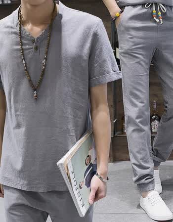 夏季亚麻短袖男两件套2019新款男士休闲套装麻布男装t恤一套衣服 2粒