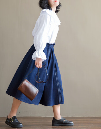 新款原创设计休闲百褶裙 2018秋装新款文艺复古牛仔半身裙 深蓝色 m