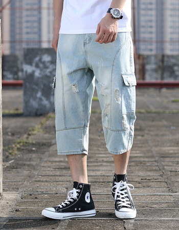 一号针破洞牛仔裤短裤男七分裤 宽松大码工装多口袋休闲男士中裤 浅