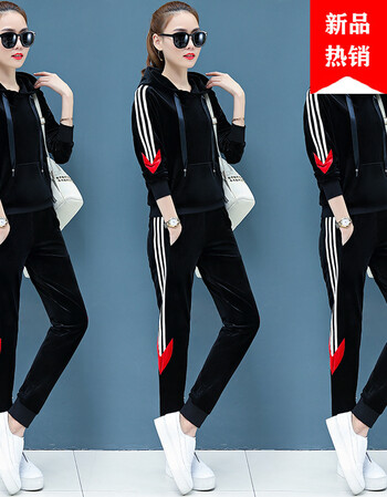 京东自営 2019春季新款女装金丝绒套装春秋时尚休闲运动服跑步卫衣两