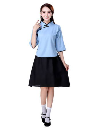 民国女五四青年装民国风女装写真合唱表演服装亚棉麻风2019 亚麻蓝色