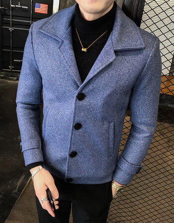 男韩版修身春秋季短款呢大衣男士呢子外套冬季新款衣服男装潮 蓝色 l