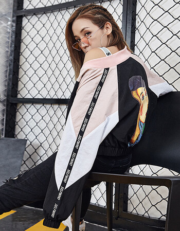 欧美文艺复兴高街人物印花撞色拼接短款棒球服外套女秋装 黑色 l