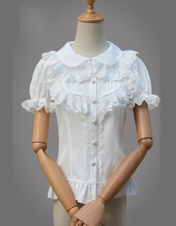 lolita雪纺衬衫女复古百搭显瘦蕾丝内搭短袖衬衣新款 白色 xl