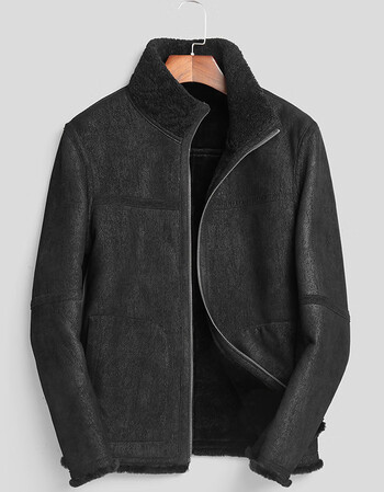 原皮毛一体男短款立领真皮真毛海宁皮衣皮草大衣冬加厚外套男 黑色