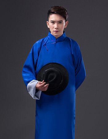 风复古代相声服大褂民国先生长袍快板演出服中式伴郎男装长衫 蓝色 xl