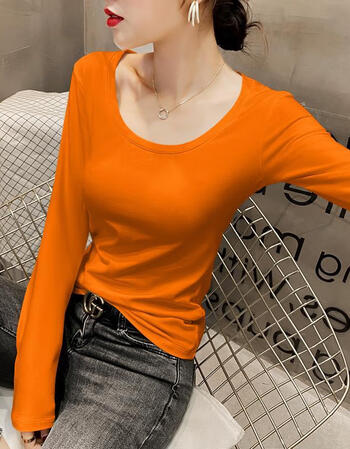 橙色圆领长袖t恤女春秋洋气百搭打底衫内搭低领薄款紧身上衣桔色长袖