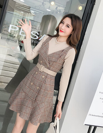 walk zara秋季小清新毛衣背心裙两件套裙子加外搭气质时尚格子毛呢