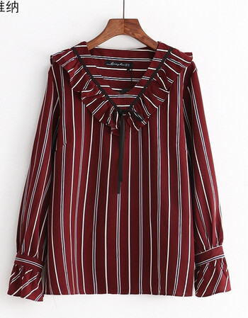 码条纹衬衫女春装200斤胖mm花边圆领系带套头长袖衬衣潮 酒红色条纹