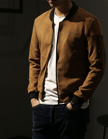 2018秋冬新款夹克男修身潮流百搭仿麂皮绒短款复古休闲外套 棕色 l
