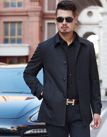 皮尔卡丹风衣男短款翻领春秋季时尚男装中年商务休闲男士外套 黑色