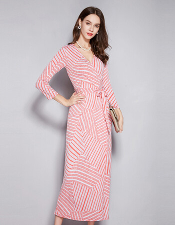 2018秋季新款修身显瘦一片式裹身裙超长围裹裙印花连衣裙大码c459 悦