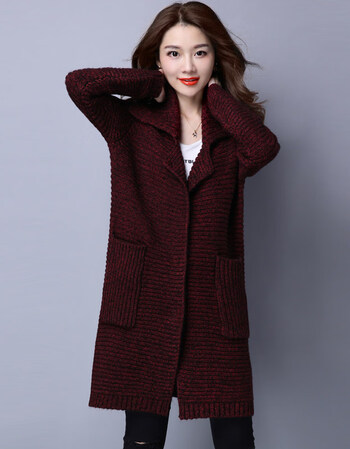 开衫毛衣女中长款外搭春秋装粗毛线冬季韩版宽松大码加厚针织外套 酒