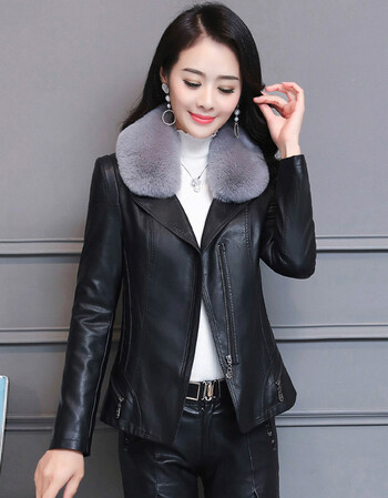 洋客 香港潮牌皮衣女外套2018冬装新款韩版时尚毛领短款大码显瘦加厚