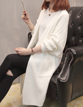 秋季新款外套2018韩版早秋女装慵懒风纯色v领中长款针织开衫毛衣 白色
