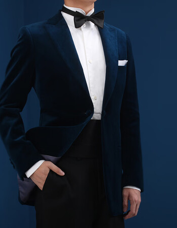 仕族eabri驿泊丝绒西装夹克枪驳领修身结婚新郎宴会主持人礼服墨蓝色