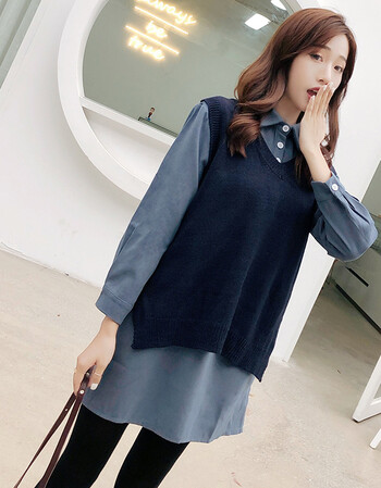 2018新款秋初恋裙复古裙子加外搭两件套马甲衬衫长袖连衣裙女春秋