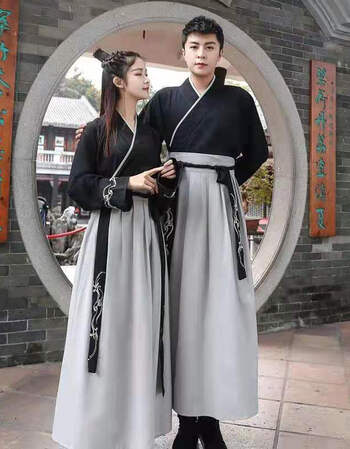 春秋中国风改良汉服男女交领襦裙武古装情侣cp武侠风日常汉元素学生套装 广袖汉服黑衣灰裙 XL【图片 价格 品牌 报价】-京东