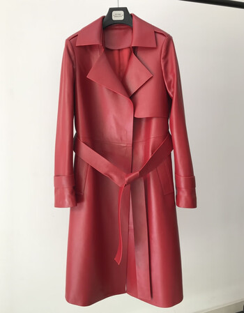 站真皮皮衣女中长款绵羊皮风衣翻领系带大码显瘦外套2019春季 红色 m