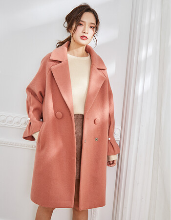 韩玄夕2018秋冬气质大衣中长款呢子加厚灯笼袖宽松毛呢外套女 西柚红
