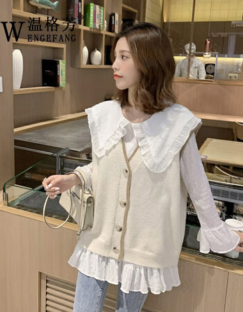 春季新款娃娃领白衬衫配针织毛衣背心马夹套装女休闲两件套装 杏色 s