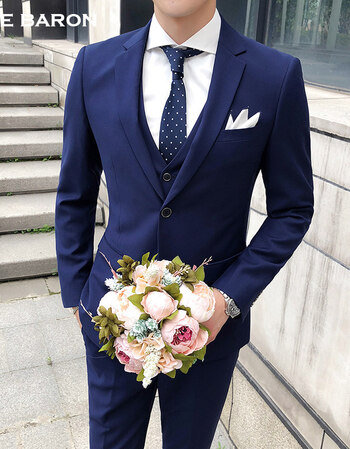 修身韩版工作职业小西装男正装 双扣深蓝色三件套(上衣 马甲 裤子) s