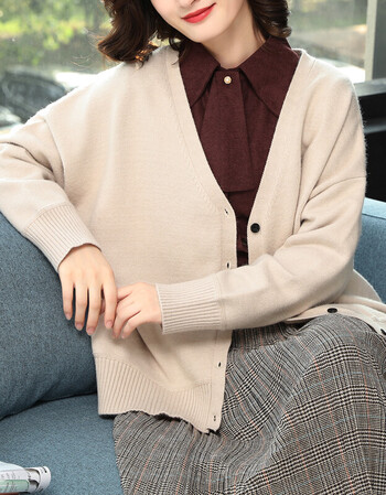 新款针织衫女开衫大码宽松上衣休闲简约纯色披肩外搭毛衣外套 米色