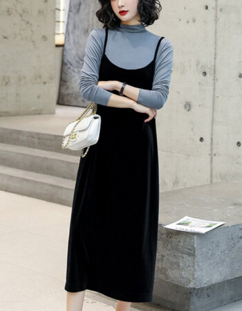 皮尔卡丹同款丝绒连衣裙春秋新款金丝绒裙宽松背心裙吊带无袖a版长裙