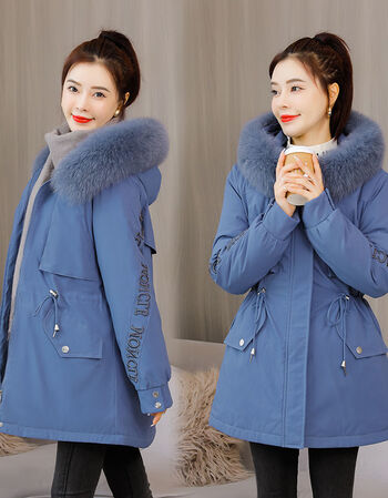 派克服棉服女2021春季新款韩版连帽大毛领中长款加绒棉袄外套蓝色3xl