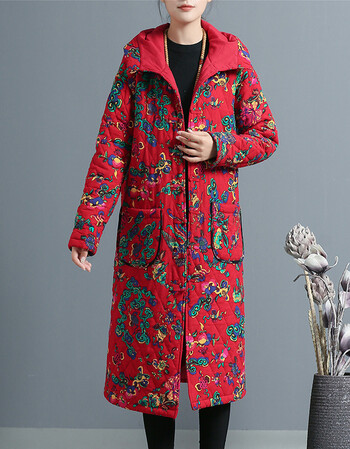 民族风棉衣女中长款冬装2018新款东北大花棉袄妈妈复古中国风外套