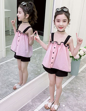 派瑞帝韩版女短袖短裤洋气小女孩潮衣套装b389dhn粉色吊带款大童110