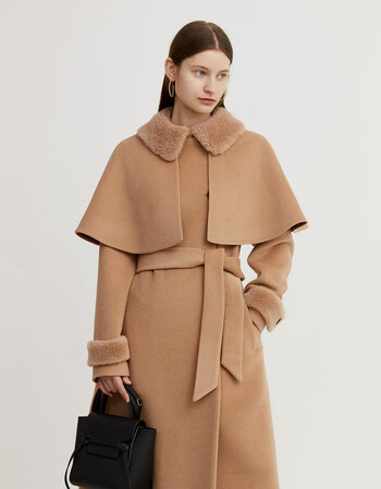 dplay德帕拉冬装2019年新品欧美可拆卸斗篷披肩双排扣单面呢大衣驼色s