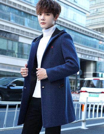 男士风衣中长款潮流秋冬季羊毛呢大衣男韩版加厚妮子呢子外套男款