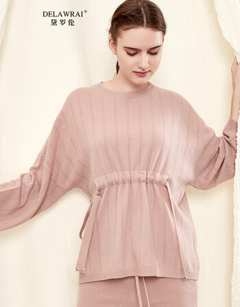 罗伦羊毛针织上衣2019春秋新款灰粉抽绳系带蝙蝠袖春装针织衫 灰粉色
