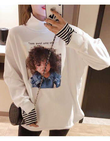 洋气春款美女字母印花白色恤女打底衫假两件上衣宽松 自然白 爆炸头