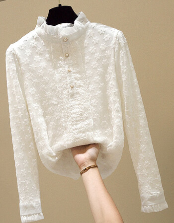 女式时尚洋气的气质早春蕾丝雷丝长袖秋冬内搭纱衣加绒加厚小衫白色