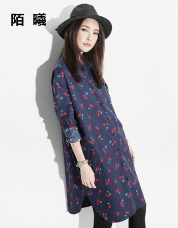 
                                        陌曦韩版宽松大码樱桃车厘子印花长款大衬衫女 图片色 L                