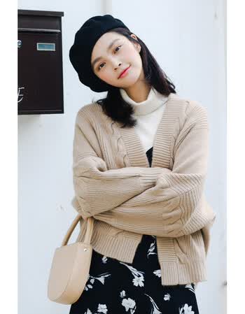 毛衣女冬装新韩版宽松加厚开衫风针织衫外套苏德兵 杏色 均码